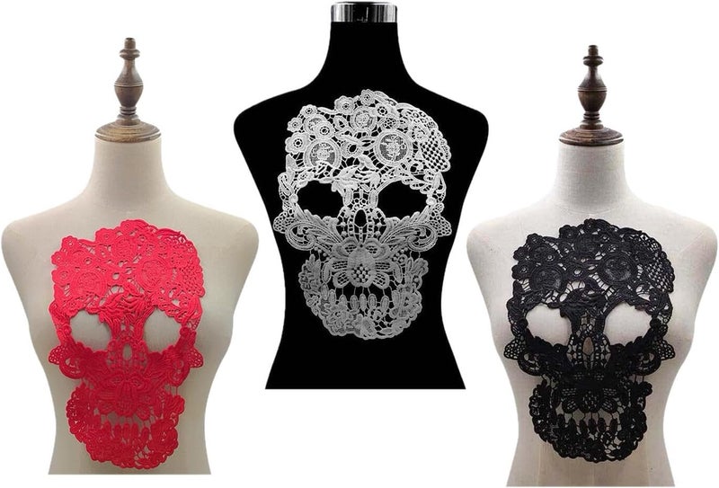 SuiGlory 3 PCS Skeleton Lace Applique, Lace Embroidered Skull Patches for Sewing Decor Dress Decoration - Image 1